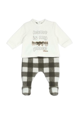 Haut bébé blanc à manches longues avec le texte « home is my happy place », associé à un pantalon noir et blanc à carreaux avec pieds.