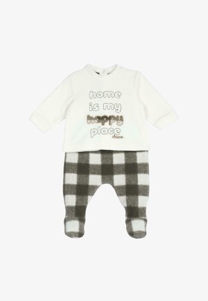 Haut bébé blanc à manches longues avec le texte « home is my happy place », associé à un pantalon noir et blanc à carreaux avec pieds.