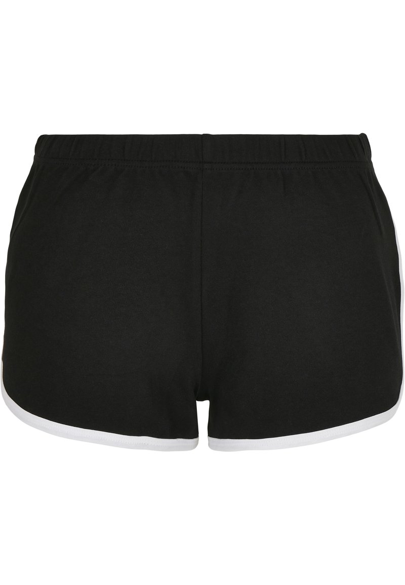 Black athletic shorts with a textured fabric, featuring a white trim along the leg openings and an elastic waistband for comfort.