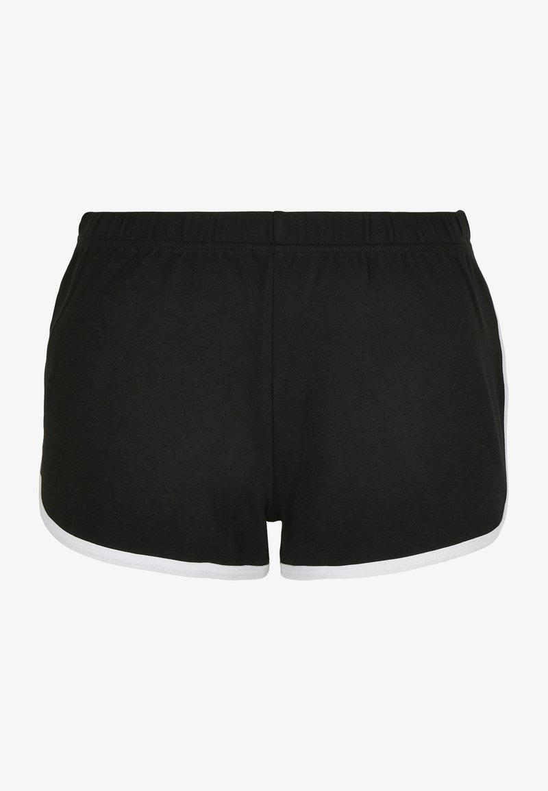 Shorts de sport noirs en tissu texturé, avec une bordure blanche le long des ouvertures des jambes et une taille élastique pour le confort.