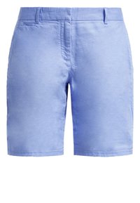 Shorts en coton bleu clair avec une texture lisse, coupe droite, deux poches latérales et une ceinture avant plate.