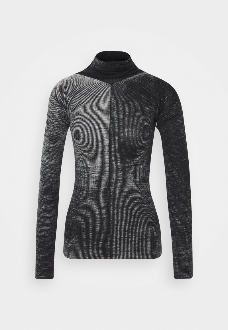 Pull col roulé en maille côtelée à manches longues avec un motif à blocs de couleurs verticales dans des tons gris foncé et clair.