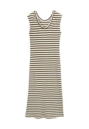 Prugasta obleka v bež in rjavi barvi, narejena iz pletenine. Ima krojen ovratnik in kratke rokave, doseže dolžino do sredine meč.