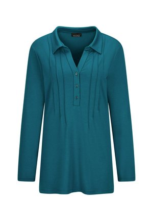 Sprei lange mouwen shirt in teal met een kraag, knoopsluiting en verticale plooien aan de voorkant. Zacht materiaal met een relaxte pasvorm.