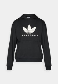 Fekete kapucnis pulóver, nagy fehér logóval, három levél mintázattal és "BASKETBALL" felirattal. Puha anyagból készült, elöl zsebes.