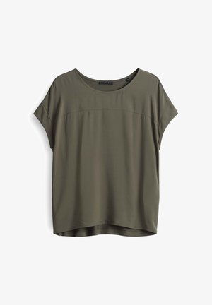 Olijf groene blouse met korte mouwen, een ronde halslijn, een gladde textuur en een iets langere achterzoom. Eenvoudig ontwerp, casual pasvorm.
