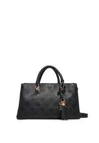 Borsa a tracolla in ecopelle nera con logo in rilievo, forma strutturata, doppio manico, accessori in metallo color oro, ciondolo removibile e tracolla regolabile.