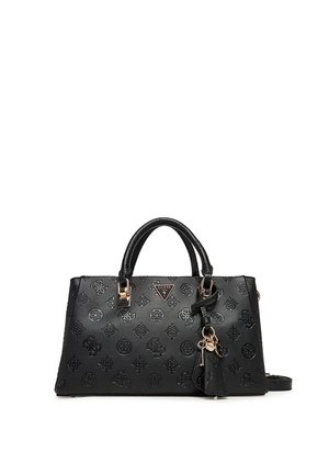 Borsa a tracolla in ecopelle nera con logo in rilievo, forma strutturata, doppio manico, accessori in metallo color oro, ciondolo removibile e tracolla regolabile.