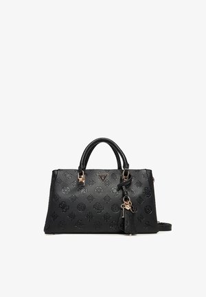 Borsa a tracolla in ecopelle nera con logo in rilievo, forma strutturata, doppio manico, accessori in metallo color oro, ciondolo removibile e tracolla regolabile.