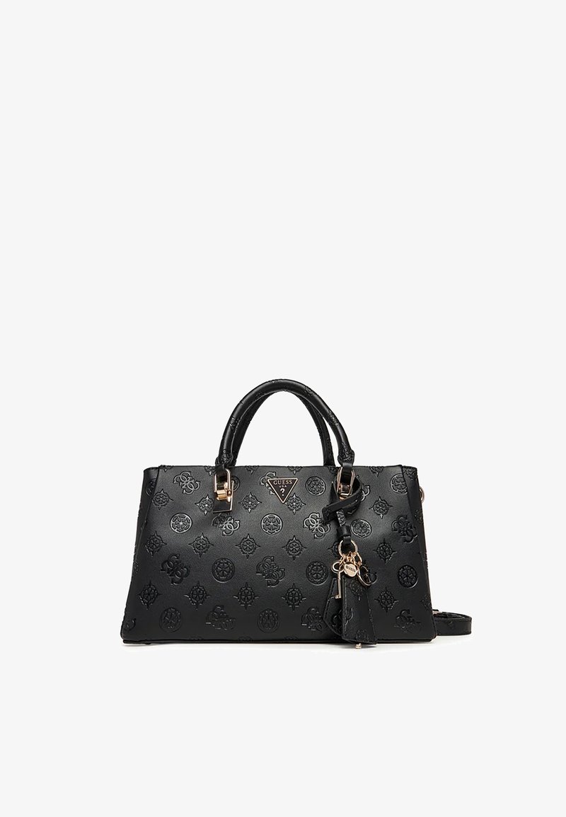 Borsa a tracolla in ecopelle nera con logo in rilievo, forma strutturata, doppio manico, accessori in metallo color oro, ciondolo removibile e tracolla regolabile.