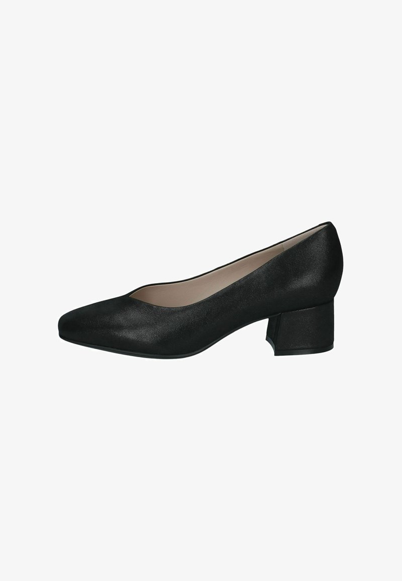 Chaussure d'intérieur noire pour femme avec talon bloc bas, bout arrondi et finition mate lisse, vue de profil sur fond blanc.