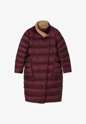 Long maroon puffer coat with horizontal quilting, a high collar lined in beige, and hidden front closure.