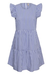 Blau-weiß gestreiftes ärmelloses Kleid mit Rüschen an den kurzen Ärmeln und mehrstufigem Rock.
