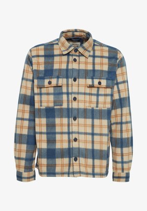 Flannel shirt featuring a plaid pattern in blue, beige, and orange, with a button-up front, two chest pockets, and a collar.