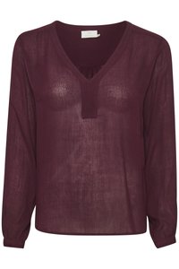 Burgunderfarbene Bluse aus transparenter Stoff mit V-Ausschnitt, langen Ärmeln und gerafftem Vorderteil. Weiche Textur und lockere Passform.