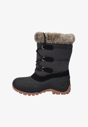 Botte d'hiver noire avec semelle en caoutchouc beige, bordure en fourrure et fermeture à lacets sur un fond blanc.