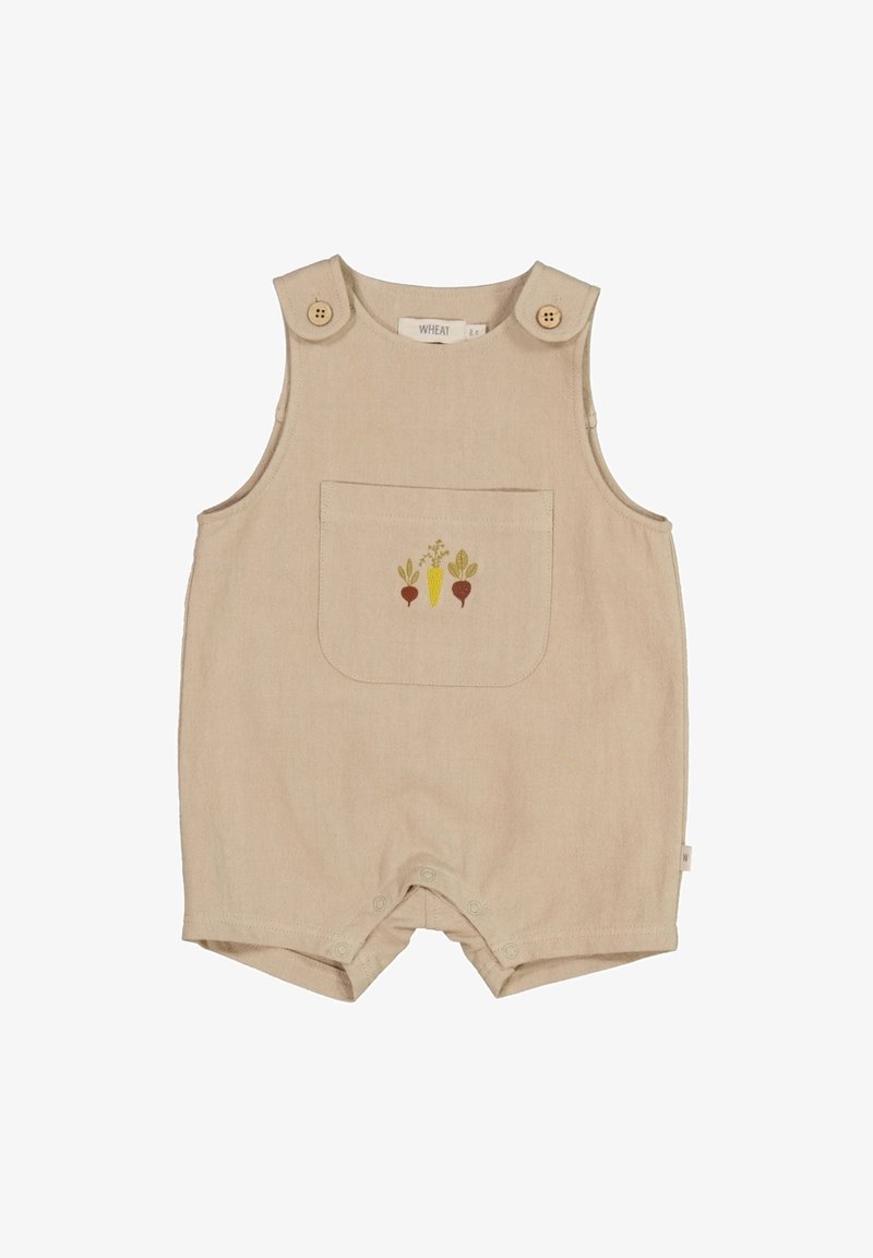 Beiger Latzanzug mit Fronttasche, die mit buntem Gemüse-Stickerei verziert ist. Mit Knöpfen an den Schultern und Druckknöpfen am Boden befestigt.