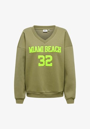 Olijfgroene V-hals sweatshirt met lange mouwen, voorzien van verhoogde neongele tekst "MIAMI BEACH 32" aan de voorkant.
