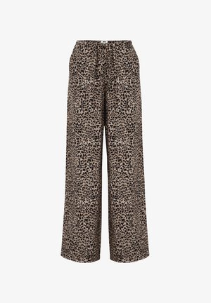 Leopardprint wijde broek van een lichtgewicht stof. Beschikt over een elastische tailleband met een koord. Kleuren zijn tan en zwart.