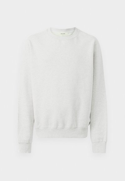 Hele hall sweatshirt pikade varrukatega, ümar kaelus, soonikkoesed ja -äär. Pehme kangas ning minimaalne disain, ilma nähtavate mustrite või aktsentideta.