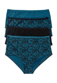 Quattro paia di mutandine da donna: due in teal con motivi floreali neri, Una nera unita e una teal unita. Tessuto in cotone, design a vita alta.