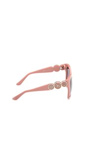 Roze zonnebril met een rechthoekig montuur, donkere glazen en decoratieve ronde accenten op de pootjes. Soepele matte afwerking.