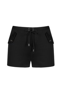 Czarne szorty z miękkiego materiału, z regulowanym sznurkiem, dwiema kieszeniami z klapami oraz srebrnymi akcentami.