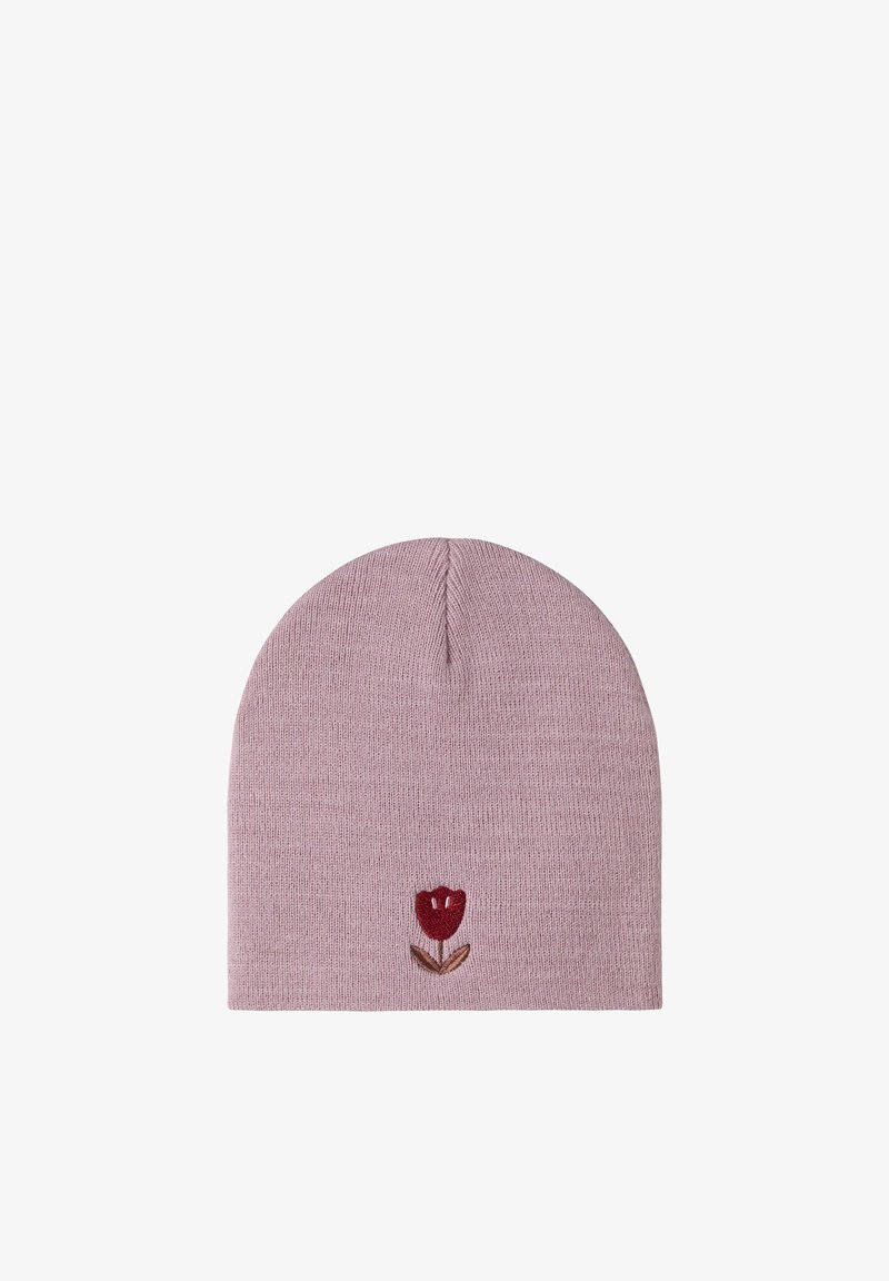 Bonnet tricoté violet clair avec une petite tulipe rouge foncé brodée et des feuilles marron au centre devant.