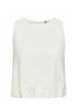 Ærmeløs, off-white damebluse med rund halsudskæring og lukning med spænde i ryggen.