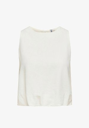Bezroku, krēmkrāsas sieviešu blūze ar apaļu kakla izgriezumu un aizdari aizmugurē.