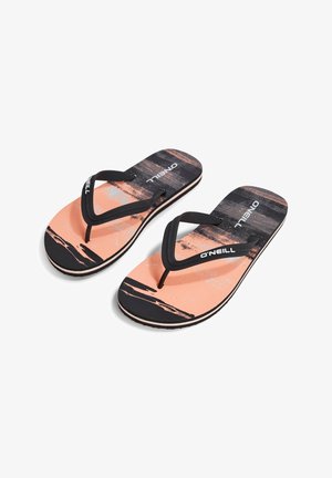 Tongs noires avec une semelle texturée, présentant un imprimé abstrait rose et noir sur le compartiment de pied et un logo O'Neill bien visible.