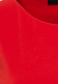 Tessuto rosso con una superficie liscia, caratterizzato da un collo rotondo e un drappeggio rilassato. Nessun motivo o decorazione visibili.
