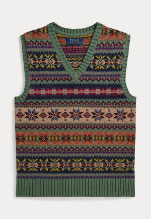 Ærmeløs strikket vest med V-hals, med flerfarvede Fair Isle-mønstre i grøn, marineblå, rød, beige og gule toner, Polo Ralph Lauren-mærke.