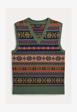 Ermeløs strikket vest med V-hals, med flerfargede Fair Isle-mønstre i grønt, marineblått, rødt, beige og gult, Polo Ralph Lauren-merke.