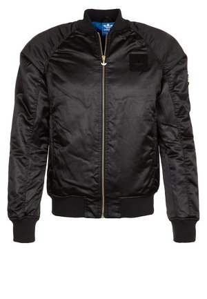 Schwarze Bomberjacke aus Satin von Adidas mit Frontreißverschluss, gerippten Bündchen und Saum sowie einem Adidas-Trefoil-Logo-Aufnäher auf der Brust.