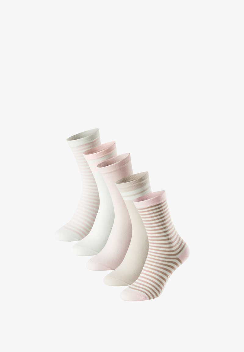 Fünf Paar Socken aus weicher Baumwolle: drei einfarbige in zartem Rosa und Creme, plus zwei mit weißen und rosa Streifen. Glatte Textur und Knöchelhöhe.