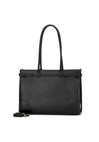 Borsa tote in pelle nera con due manici lunghi, superficie testurizzata e design minimalista. Include tracolla rimovibile e dettagli discreti.