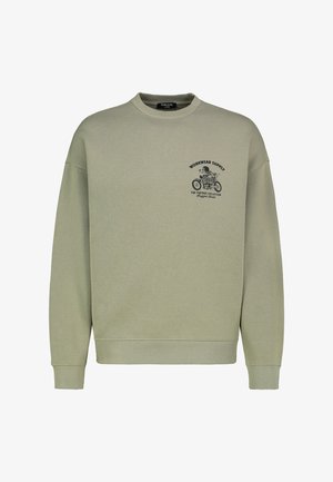 Olive green sweatshirt, crew neck, ribbed cuffs and hem, featuring black vintage motorcycle print on left chest. Soft fabric texture.