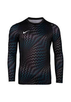 Schwarzes langärmliges Sportshirt mit Zickzackmuster in Dunkelblau und Grau, mit weißem Nike-Logo auf der linken oberen Brust.