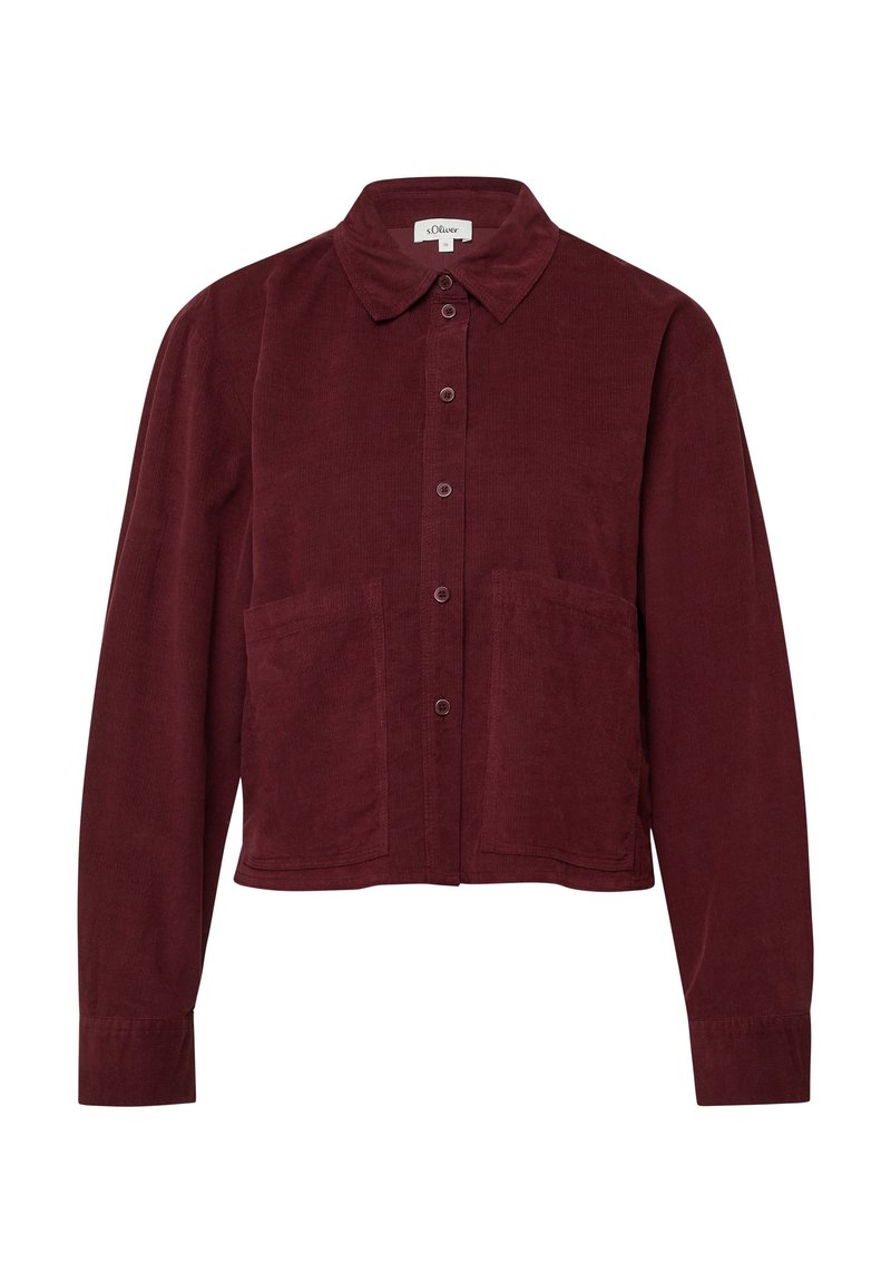 Camicia in corduroy a maniche lunghe con bottoni, di un intenso bordeaux scuro, dotata di due grandi tasche frontali e colletto a punta.