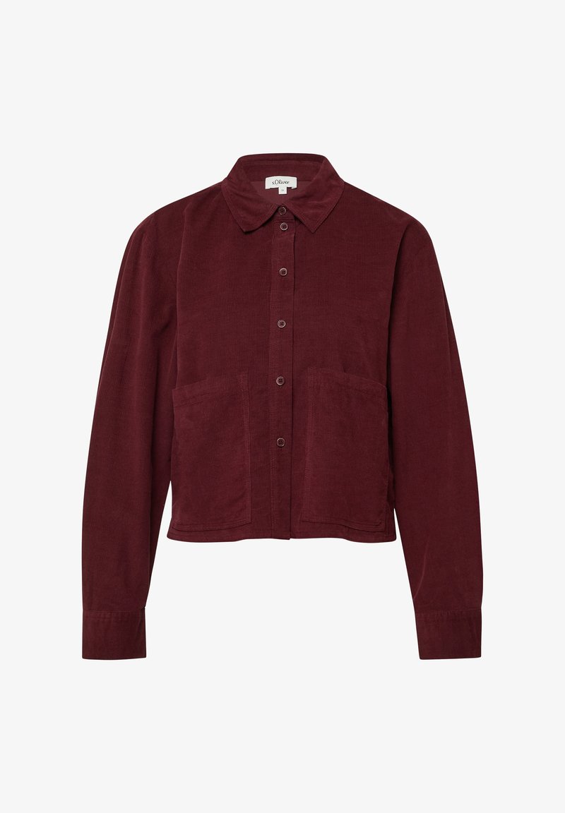 Tumedast burbona värvitud nupukleidi pikkade varrukatega koolitussärk, millel on kaks suurt eesmist taskut ja terav krae.