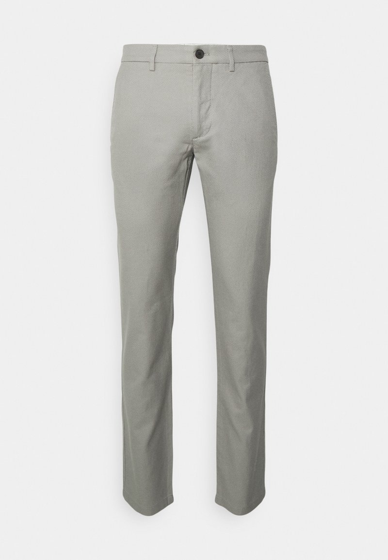 Pantalon de costume homme coupe slim gris clair texturé avec passants pour ceinture, fermeture avant par bouton et zip.