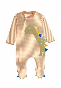 Tutina a righe beige e crema con applicazione di dinosauro, caratterizzata da un corpo verde, spuntoni blu e gialli e dettagli rotondi ai piedi. Materiale in cotone morbido.