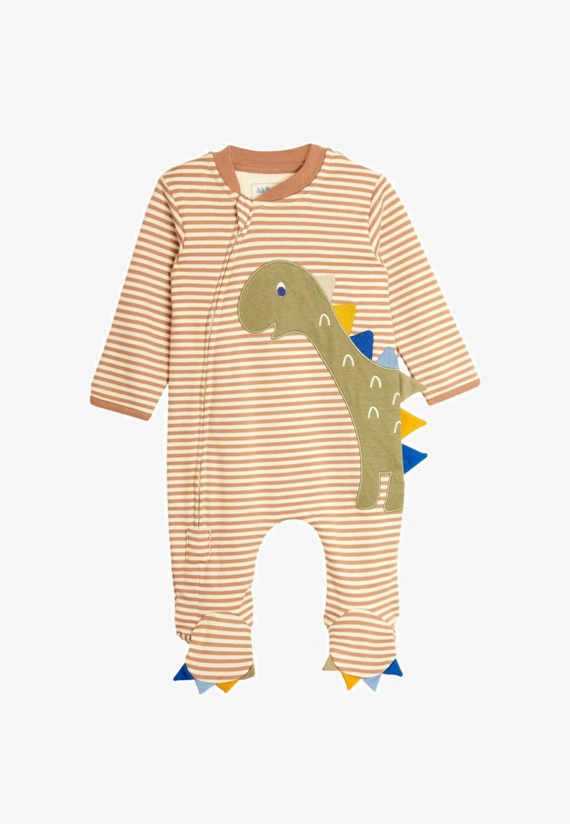 Tutina a righe beige e crema con applicazione di dinosauro, caratterizzata da un corpo verde, spuntoni blu e gialli e dettagli rotondi ai piedi. Materiale in cotone morbido.