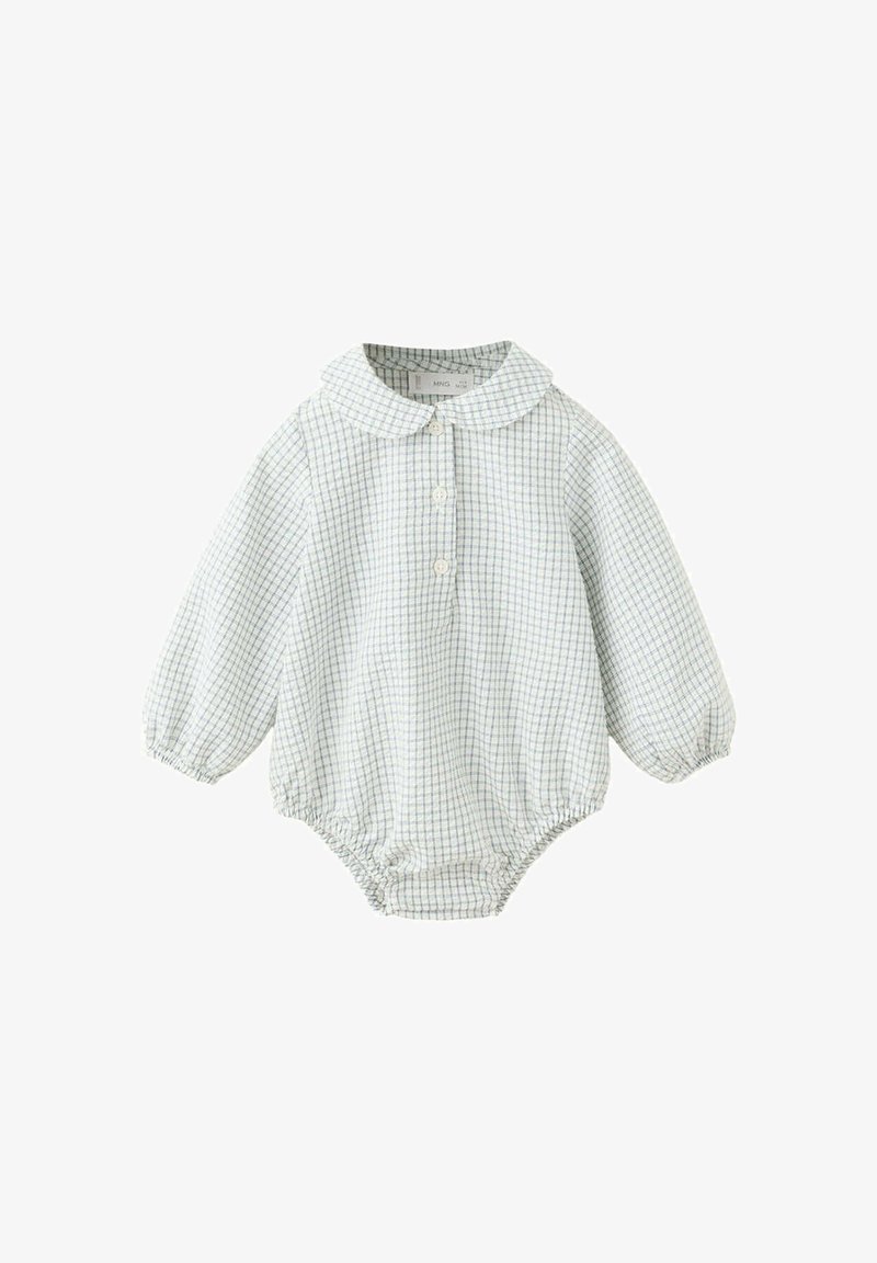 Combinaison bébé à manches longues avec poignets et ourlet élastiques, blanche avec motif à carreaux bleu clair, boutons devant et col arrondi.