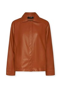 Giacca in pelle marrone con una superficie liscia, design con colletto e chiusura frontale con zip. Presenta maniche raglan e dettagli di cucitura minimi.