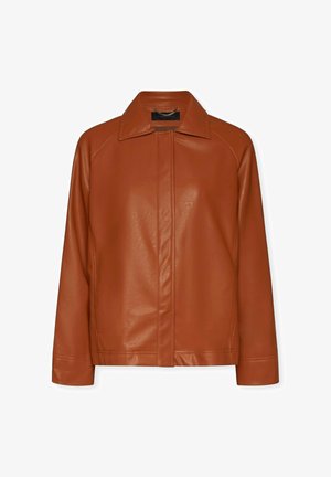 Brązowa skórzana kurtka o gładkiej teksturze, z kołnierzem i zamkiem błyskawicznym z przodu. Posiada rękawy raglanowe oraz minimalne detale przeszycia.