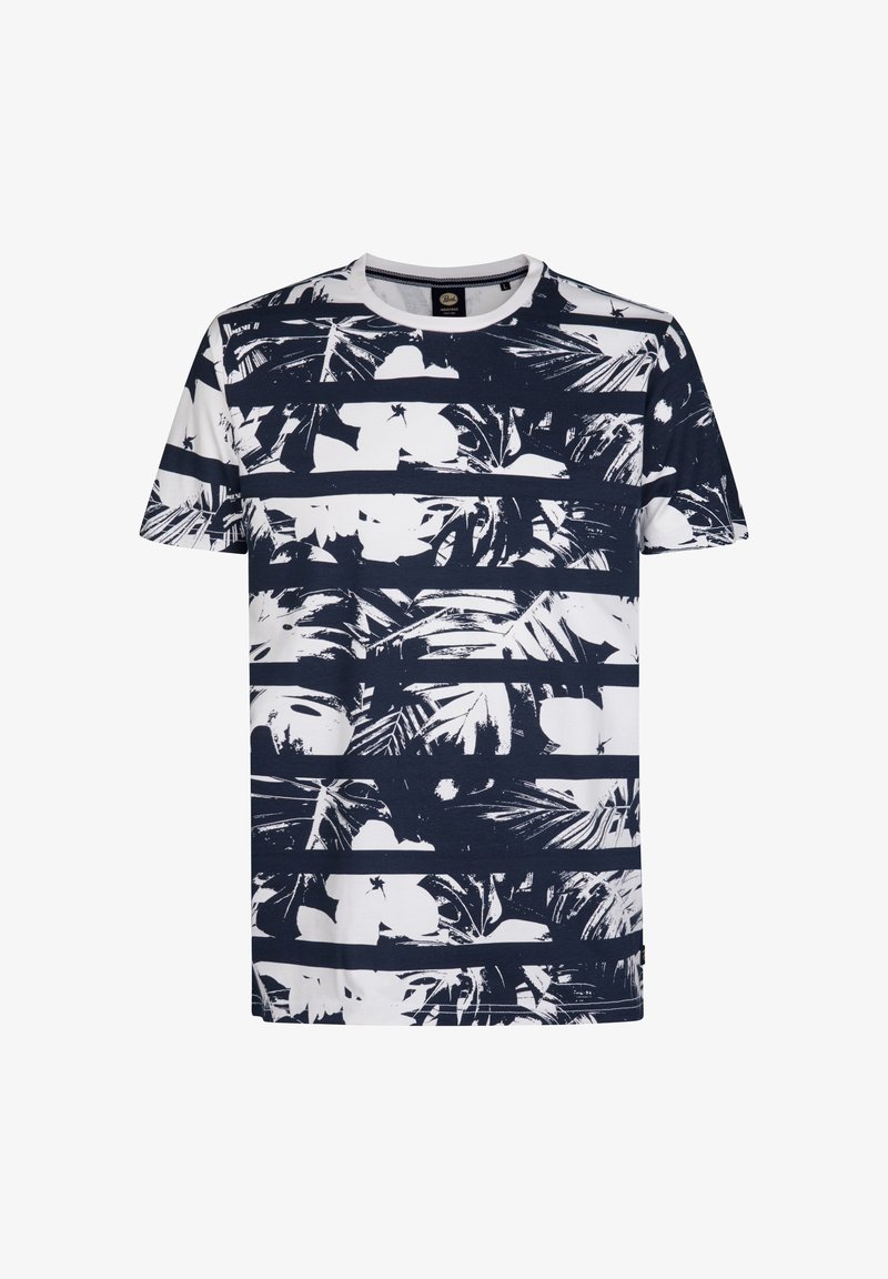 Camiseta de manga corta en azul marino y blanco con un patrón de hojas de palma y rayas horizontales. Fabricada con tejido suave y transpirable.