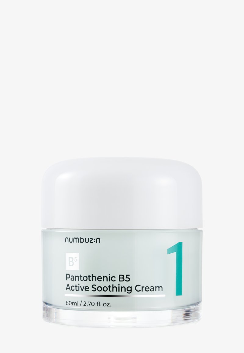 Potje Pantothenic B5 Active Soothing Cream van Numbuz:n, 80 ml, met witte deksel en turquoisekleurig nummer 1 op een doorzichtige container.