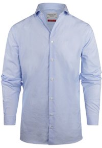 Blauw-witte gestreepte lange mouwen shirt met een button-down kraag, met een reguliere pasvorm en witte plastic knopen aan de voorkant.